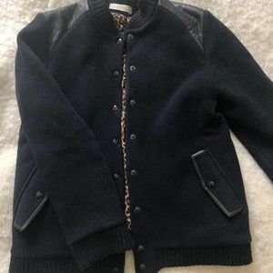 SANDRO women's navy varsity jacket w/leather trim